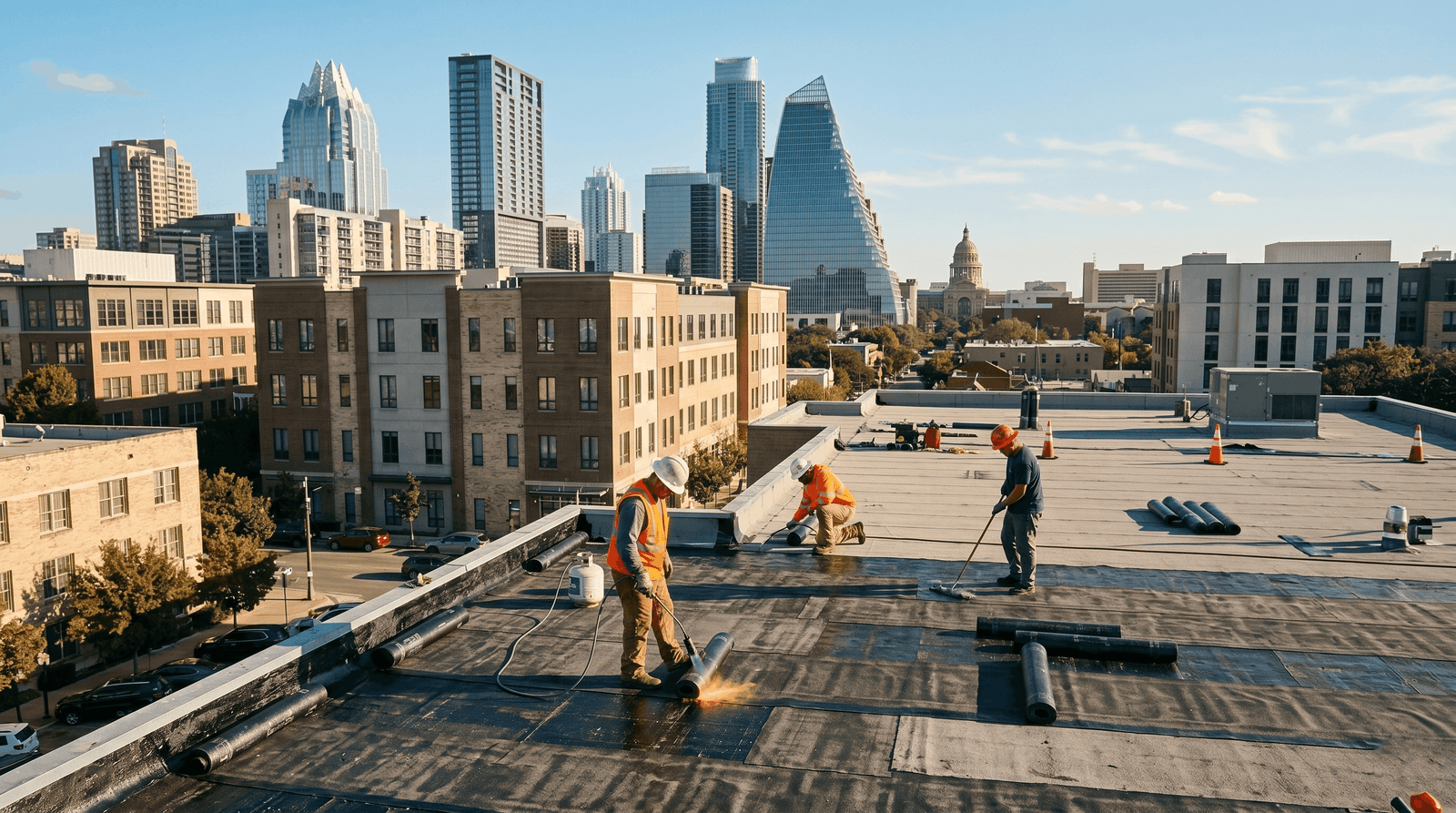 Commercial roofing Houston TX — Houston Roofing crew installing TPO membrane on Houston commercial building