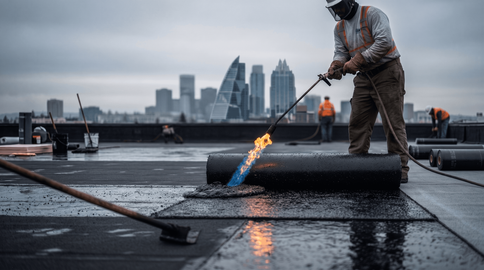 Commercial roofing Houston — Houston Roofing crew documenting a low-slope commercial roof inspection